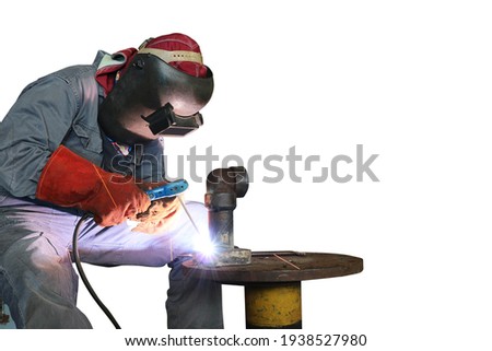 Workers is Welding process by arc isolated on white background with copy space