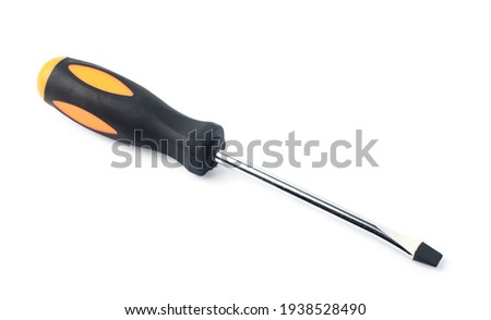 Close up Screwdriver, metal tool, plastic handle, orange-black, for repairing, isolated on white background. With clipping path. Royalty-Free Stock Photo #1938528490