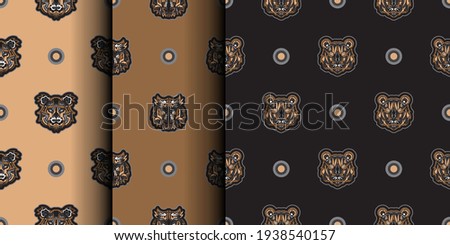Set of Seamless pattern tiger face in Maori style. Boho tiger face. Good for backgrounds, prints, apparel and textiles. Vector 