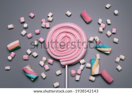 Marshmallows and lolly pop on the grey background.