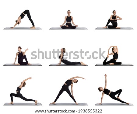 Young woman practicing yoga on white background, collage  Royalty-Free Stock Photo #1938555322