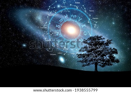 Zodiac signs inside of horoscope circle. Astrology in the sky, horoscopes concept Royalty-Free Stock Photo #1938555799
