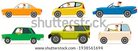 Set of modes of transport and shapes. Cartoon characters in transport isolated on white background