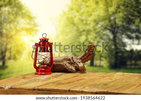 Red oil lamp on table and green landscape of garden 