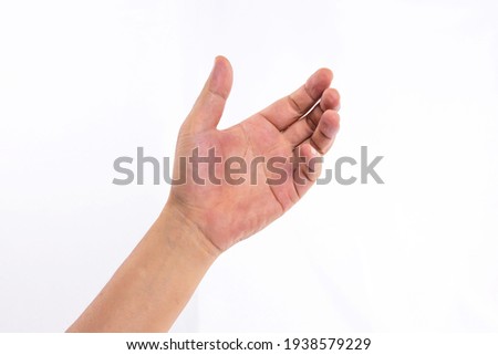 Empty hands. Holding smartphone Holding bottle. Hand gestures. Isolated on white Holding hands. Holding objects. Hands with objects. Smartphone gesture Royalty-Free Stock Photo #1938579229