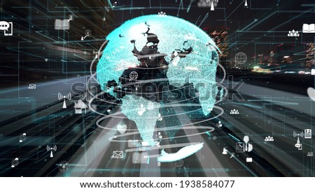 Fast motion digital data flow on road with global network graphic modernization showing concept of future digital transformation , disruptive innovation and agile business methodology .