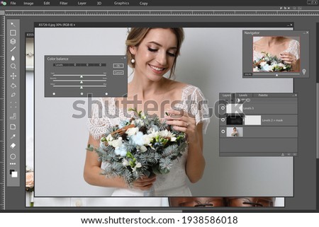 Professional photo editor application. Image of beautiful bride with wedding bouquet
