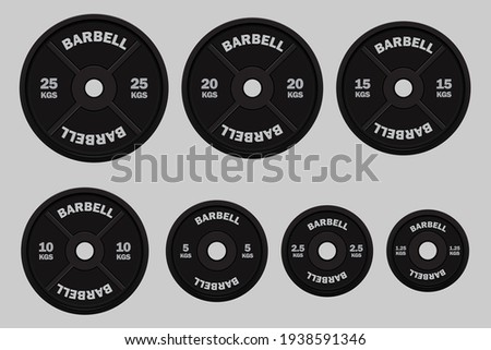 Vector realistic black weight plates in different weights.Gym equipment.Weight for bodybuilding and power lifting.Isolated on gray background Royalty-Free Stock Photo #1938591346