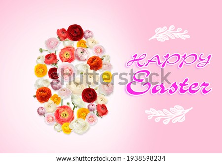 Happy Easter. Egg shape made of flowers on color background, flat lay 