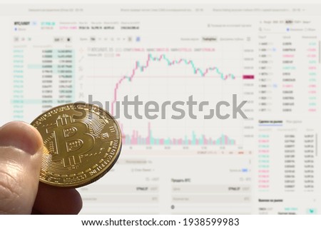 Golden bitcoin and stock chart background. Image of bitcoin against market price chart as blur background.