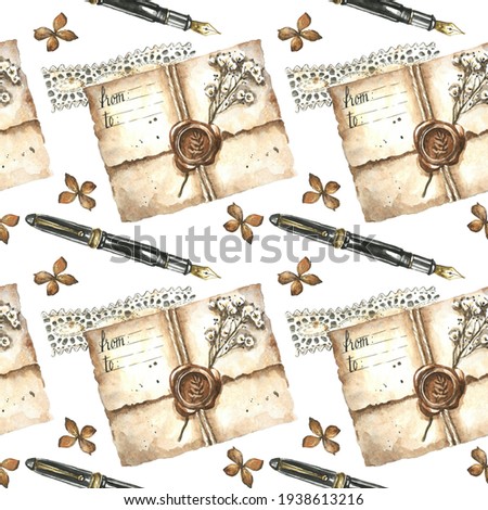 Watercolor vintage stationery and mail correspondence seamless pattern. Hand drawn texture of old post envelope, wax seal, dry flower, fountain pen, lace ribbon. Antique romantic message illustration.