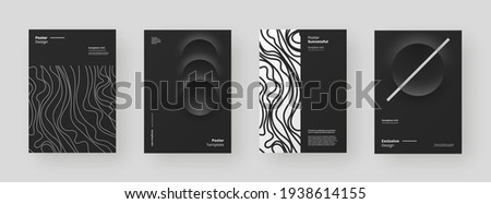 Abstract set Placards, Posters, Flyers, Banner Designs. Black and white illustration on vertical A4 format. 3d geometric shapes and wavy lines. Decorative neumorphism backdrop. Royalty-Free Stock Photo #1938614155