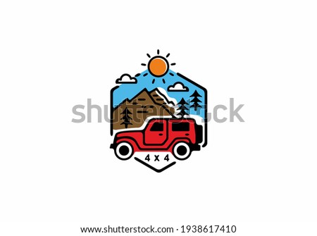 Red car in outdoor line art drawing illustration design