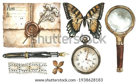 Watercolor vintage stationery collection of elements - envelope, wax seal, pocket watch, butterfly, fountain pen, lace ribbon, dry flowers, magnifying glass lens. Hand drawn antique objects isolated.