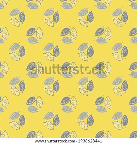 Elm leaf seamless vector pattern background. Backdrop of groups of hand drawn yellow grey leaves with offset silhouette color. Geometric botanical foliage design. All over print for nature, wellbeing