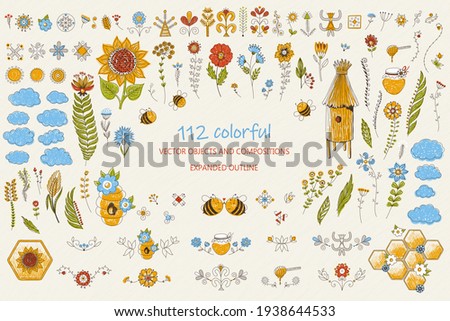 Honey bees isolated vector Set. Cute bee cartoon collection. Funny illustrations, cartoon style icons. Beekeeping clip art, bright colorful graphic elements. beehives, flowers, honeycombs