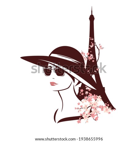 young woman wearing sunglasses and wide brimmed hat among blooming tree branches and eiffel tower - fashion spring in Paris vector design