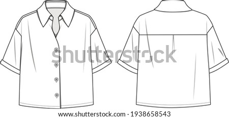 Women's Turn-up Short Sleeve Oversize Shirt. Woven shirt technical fashion illustration with button front detail. Flat apparel shirt template front and back, white colour. Women's CAD mock-up. Royalty-Free Stock Photo #1938658543
