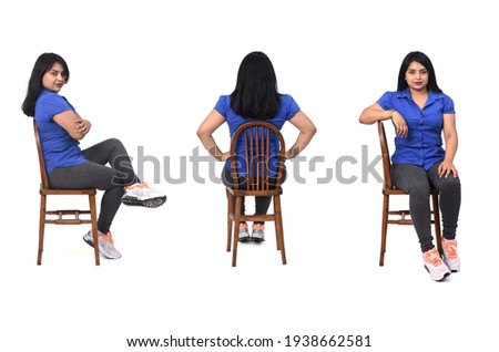 group of same woman of back, front and side with jeans, shirt and snickers on white background