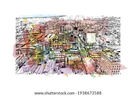 Building view with landmark of Colorado Springs is the 
municipality in Colorado. Watercolour splash with hand drawn sketch illustration in vector.