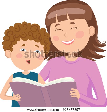 Mom spends her free time with her son, teaches him to read a book.
Vector illustration in a flat style.
Suitable for web design, children's books, Mother's Day greetings.