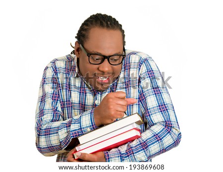 Closeup portrait young nerdy, funny looking man with glasses, timid, shy, anxious, nervous, student holding books writing something isolated white background. Human emotion, facial expression, feeling