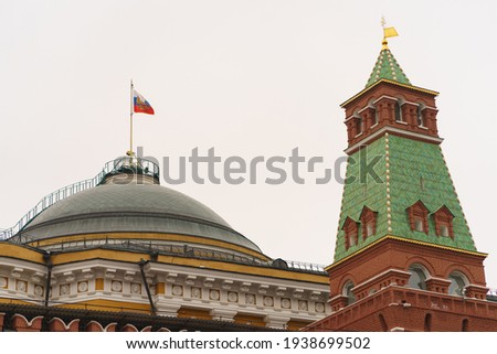 Photography of the Residence of the President of the Russian Federation. Kremlin Senate. Red Kremlin wall. Red Square details during dull spring day. 