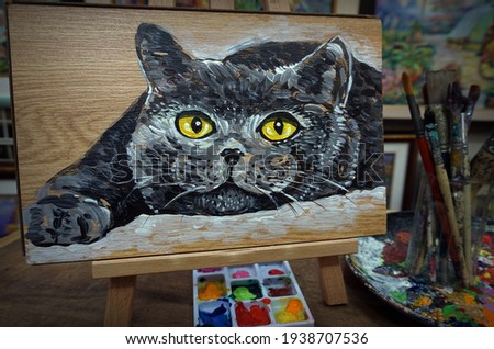    Hand drawn Modern  Art painting Oil color Cute Cat , Palette and paintbrush from gallery in Thailand  , meaow , Meaowing                   