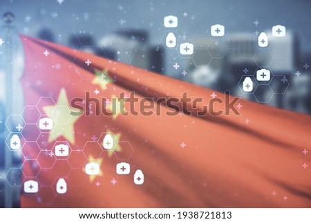 Abstract virtual medical illustration on flag of China and blurry cityscape background. Medicine and healthcare concept. Multiexposure