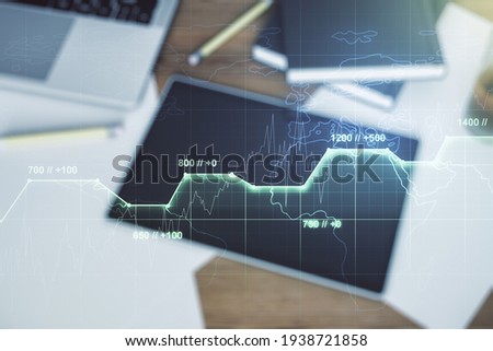 Multi exposure of abstract statistics data hologram interface and modern digital tablet on background, computing and analytics concept