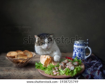 Funny cat stealing cheese from the table