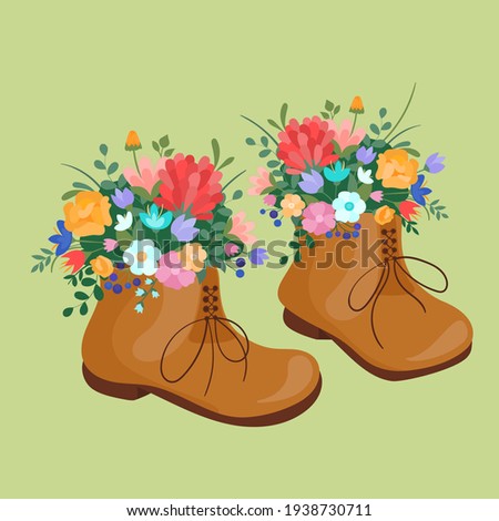 Vector illustration spring boots on laces with blooming bouquet flowers on green grass. Spring symbol flat style.