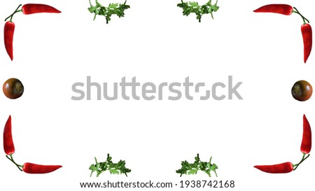 Photo frame on a white background for dishes of red pepper, tomatoes and parsley, located around the perimeter.