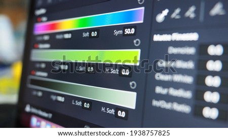 Color grading graph or RGB colour correction indicator on monitor in post production process. Telecine stage in video or film production processing. for colorist edit or adjust color on digital movie.