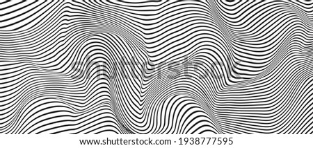 Ripple texture black and white curve lines background vector design. Wave oblique smooth lines optical effect pattern. Monochrome gray scale wave curves texture, black ripple on white. Royalty-Free Stock Photo #1938777595