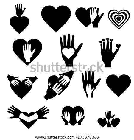 Illustration (vector) with signs of hands and hearts.