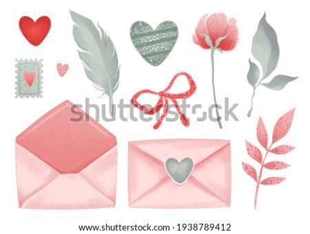 Clipart set of pink envelopes for mail, flowers, plants. Cute illustration in pastel gentle boho style. Bouquet, wreath, spring, from kraft paper. Decor for a wedding or birthday. The image is isolate