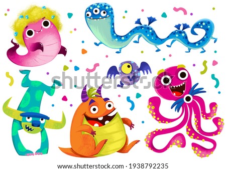 Clipart set of children's funny monsters. Halloween and cartoon aliens. Decor for a children's birthday. The image is isolated on a white background.