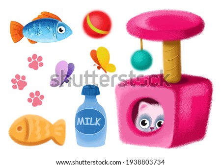 Clipart set of cat items. Pet care. Food, fish, house, scratching post, cookies, toys, ball. Cartoon childrens illustration. Persian breed. The image is isolated on a white background.