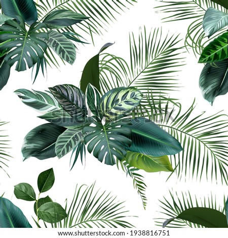 Tropical greenery print with exotic palm leaves, calathea, monstera, salal. Botanical emerald pattern. Vintage style. Island design. Seamless summer vector pattern. Simple backdrop on white background Royalty-Free Stock Photo #1938816751