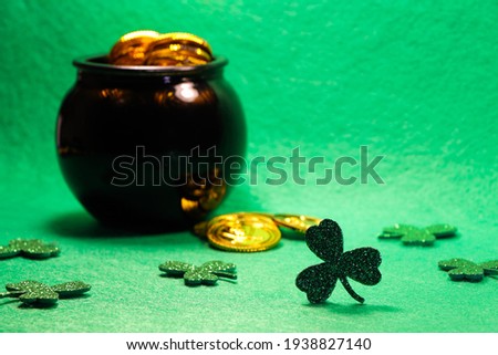 Shamrock Clovers With Coin Filled Pot Of Gold