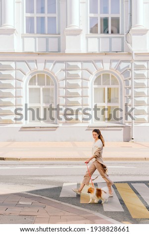 young European brunette with dog crosses the road on pedestrian crossing. spitz with mistress walks around the city. old building in the background. empty streets. 
world animal day