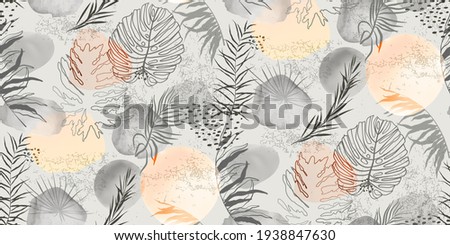 Beautiful seamless vector floral pattern background with palm tropical leaves and abstract forms. Abstract geometric texture. Perfect for wallpapers, web page backgrounds, surface textures, textile