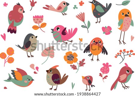 set of vector birds. cartoon illustration in childish style. images are isolated on white background.	