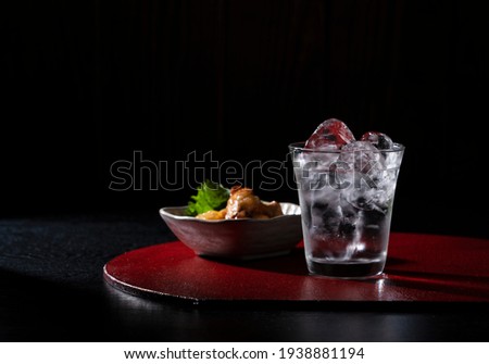Shochu and nibbles on a red tray on a black background with copy space. The image of Japanese liquor. Royalty-Free Stock Photo #1938881194