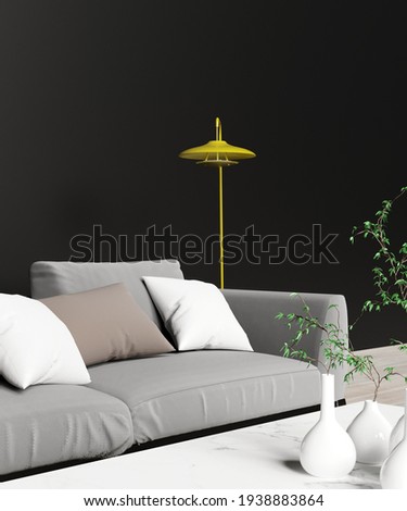 Gray sofa with black wall background, and modern yellow lamp