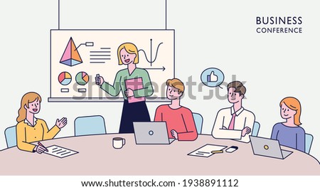 Team members are sitting together at a table and having an idea meeting. One person is standing up and giving a presentation. flat design style minimal vector illustration.