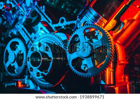 Large gears in a car engine close up
