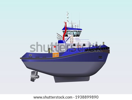 Harbour tug boat with azimuth in blue and transparent window glasses-wheelhouse ship vector design.