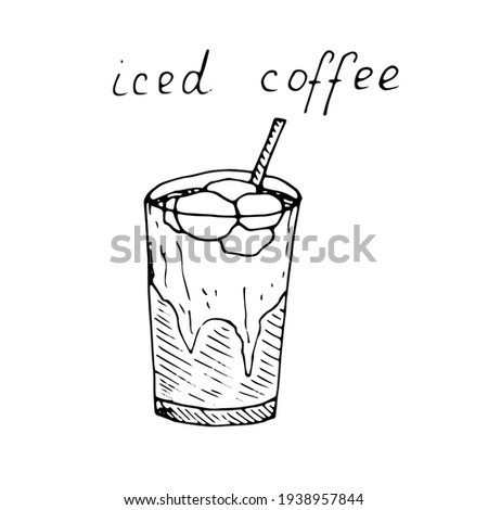 Iced coffee in a glass, vector illustration, hand drawing, sketch